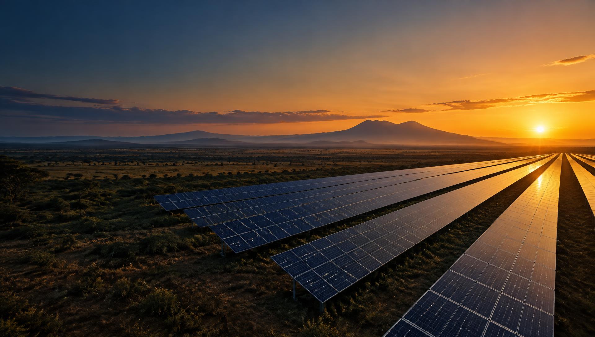 Utility-scale solar panels across the Kenyan landscape at sunset